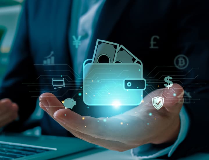 Illustration of a man holding a digital wallet with money